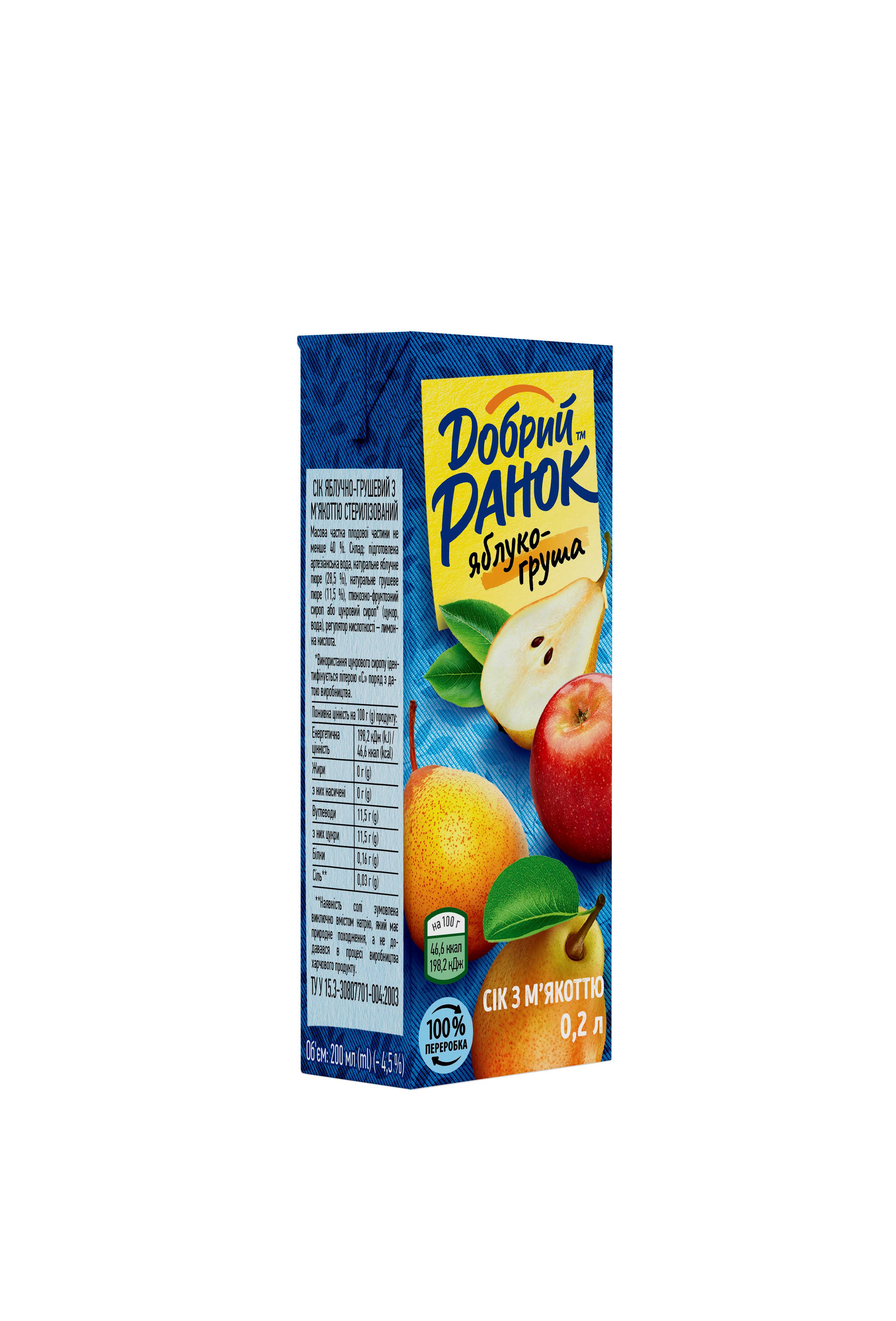 Сік яблучно-грушевий з м'якоттю ТМ "Добрий Ранок" 0,2л